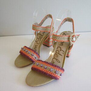 SAM EDELMAN Olisa Natural & Orange Woven Raffia Block Heel Size 10 M Sandals